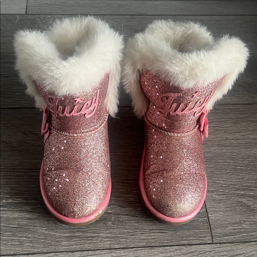 Juicy Couture Pink Glitter Kids Boots with White Fur Trim